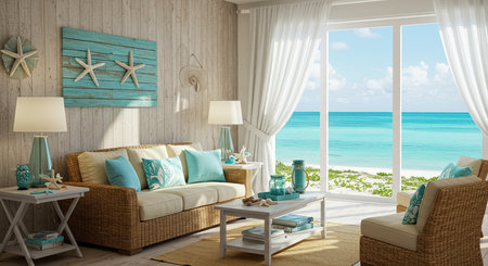 Beach living room with sea view. 3D Rendering.の素材