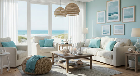 interior of modern living room with sea view, 3d renderの素材