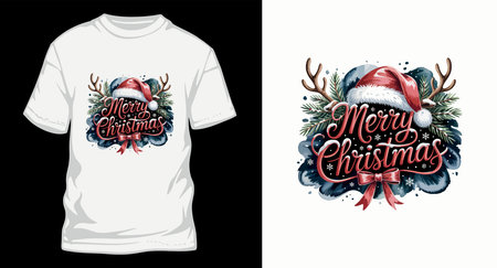 Elegant script typography for merry christmas featuring reindeer antlers and red santa hat. Decorative pine branches and winter snowflake accents.のイラスト素材