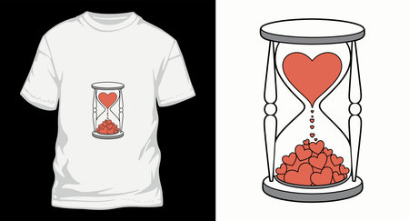 Heart in hourglass love sand clock t-shirt design concept vector. Time and love passing or lasting...