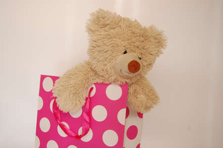 teddy bear in pink white gift bagの写真素材