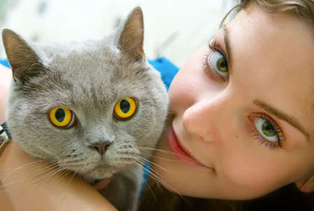 close-up portrait of a beautiful girl with green eyes holding british catの写真素材