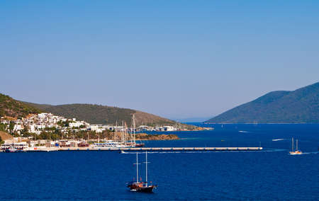 view of the pier and part of the beautiful city on the Aegean Sea, it is Bodrum, Turkeyの写真素材
