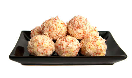 close-up balls made of cheese and crabs, isolated on white backgroundの写真素材