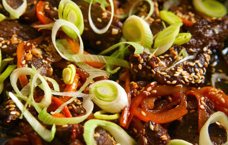 close-up pan with sliced beef, sesame, paprika and and green leek, it is preparation of tasty dinnerの写真素材