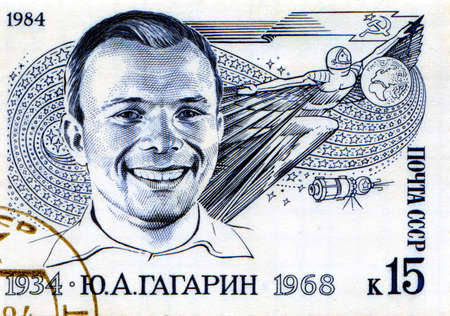 black and white post stamp with cosmonaut Yuri Gagarinの写真素材