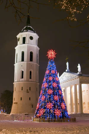 night view of the christmas tree and bell tower on a Cathedral square in Vilnius, Lithuaniaの写真素材