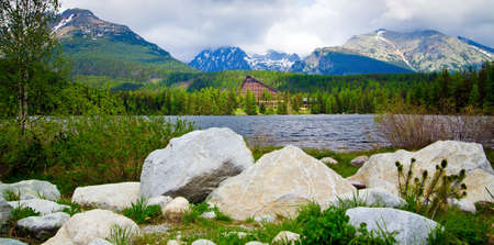beautiful view of lake Strbske Pleso and a hotel in High Tatras of Slovakia