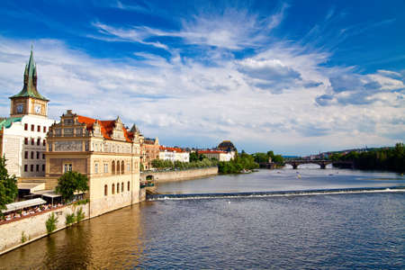 beautiful view of Vltava river and residential houses in Pragueの写真素材