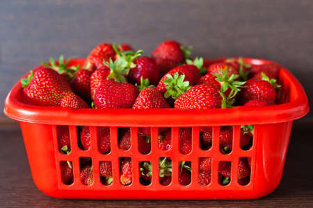 big heap of ripe red strawberries in a boxの写真素材