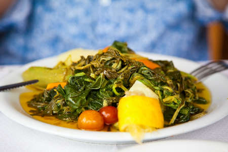 healthy vegetarian cretan salad - greens with zucchini, tomato, carrot and olive oilの写真素材