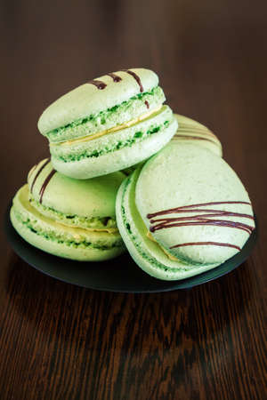 close-up pistachio flavoured french macaroonsの写真素材