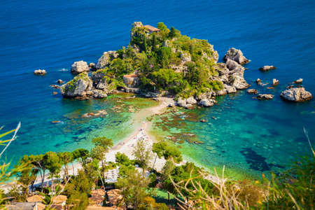 beach and island Isola Bella from above, Taormina, Sicilyの写真素材