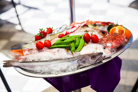 a variety of fresh fish stored on ice on the trayの写真素材