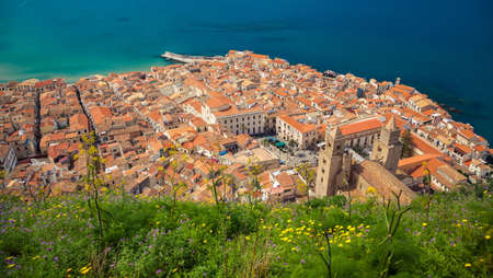 aerial view of the cozy Cefalu old town, Sicily