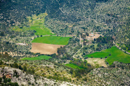 aerial view of unrecognizable farm in highland region of Majorca, Spainの写真素材