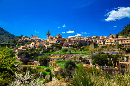 the small town Valldemossa on the hill in the mountains of Mallorca, Spainの写真素材