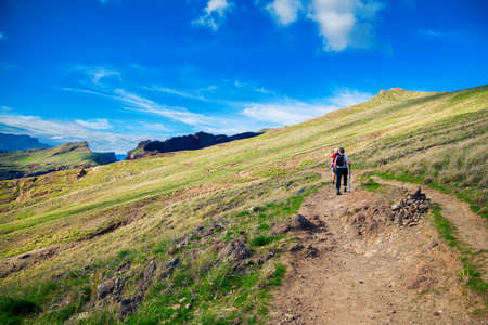 mature couple walking on the trekking path at Ponta de Sao Lourenco, Madeira