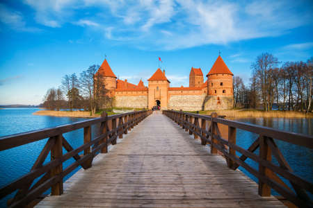 beautiful Trakai castle with the wooden bridge in the front, Vilnius, Lithuaniaのeditorial素材