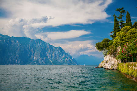 view to the northern part of the Lake Garda from Malcesine, Italyの写真素材