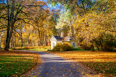 road and a house in Verkiai regional park in autumn, Vilnius, Lithuania