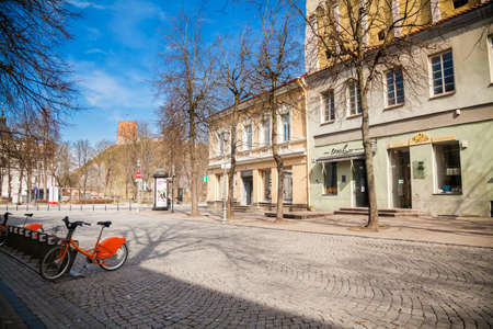 Vilnius, Lithuania - March 27, 2020: Empty street in the Old town of Vilnius. Everybody stays at home because of the quarantine time. Coronavirus outbreak.のeditorial素材