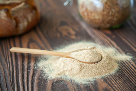 Close-up spoon with buckwheat flour. Alternative flour. Gluten free and healthy eating.の写真素材