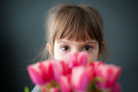 Beautiful little girl with big brown eyes hiding behind a bouquet of pink tulips