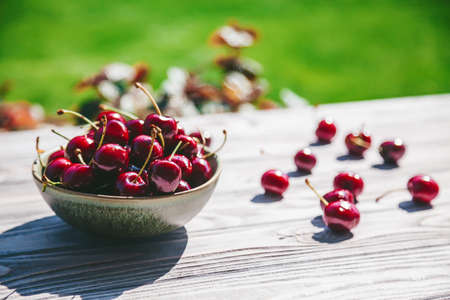 A bowl with fresh, ripe and tasty cherry on a table standing outdoorsの写真素材