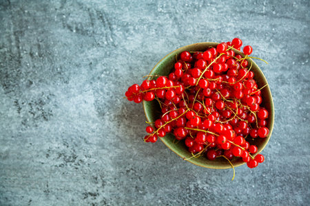 Top view fresh and ripe red currant in a bowl on a gray concrete backgroundの写真素材