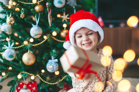 Smiling little girl in red Santa Claus hat holding a gift box near Christmas tree. Merry Christmas and Happy New Year concept.の写真素材