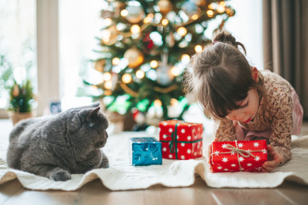 Cute little girl holding a gift box. The grey british cat lying next to her.の写真素材