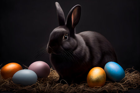 Black Easter bunny rabbit with colorful painted eggs on a black background. Easter holiday concept. Generative AI.の素材