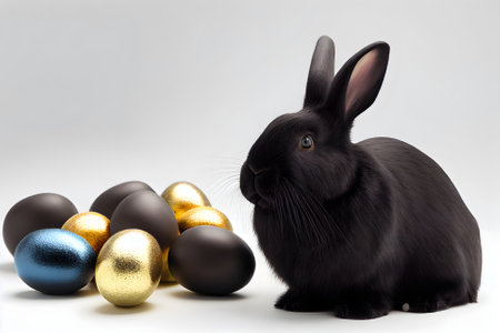 Black Easter bunny rabbit with colorful painted eggs on a white background. Easter holiday concept. Generative AI.の素材