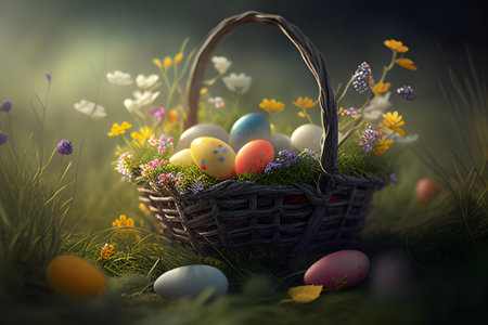 Painted Easter eggs in a basket on green grass in the sunny spring field. Generative AI content.の素材