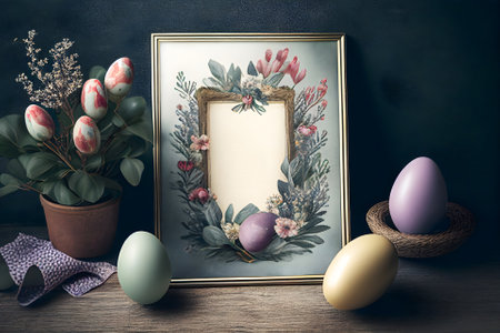 Easter decoration with frame and painted eggs in dark colors. Easter mockup with space for text concept. Generative AI content.の素材