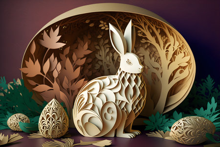 Easter decoration background with Easter bunny, eggs and flowers made in a paper cut art style in vintage colors. Easter holiday concept. Generative AI content.の素材
