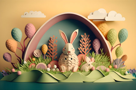 Easter decoration with Easter bunny, eggs and flowers made in a paper cut art style in vintage colors. Easter holiday concept. Generative AI content.の素材