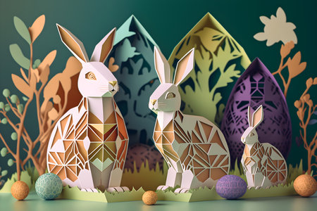 Easter decoration background with family of rabbits, eggs and flowers made in a paper cut art style in vintage colors. Easter holiday concept. Generative AI content.の素材