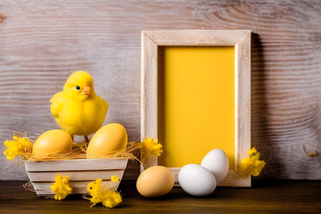Easter decoration mockup with frame, small chick and painted eggs. Easter mockup with space for text. Generative AI content.の素材