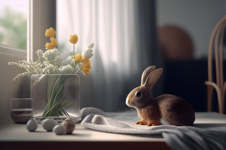 Spring composition in the kitchen on Easter morning - eggs, flowers and bunny. Generative AI content.の素材