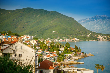 Beautiful coastal view of the Herceg Novi outskirts with residential houses, Boka Kotor bay, Montenegroの写真素材