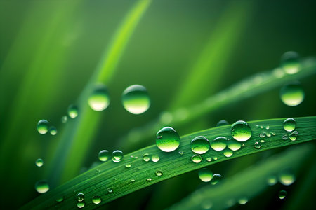 Close-up morning dew on the grass. Large drops of morning dew in nature. Spring summer natural background. Generative AI content.の素材