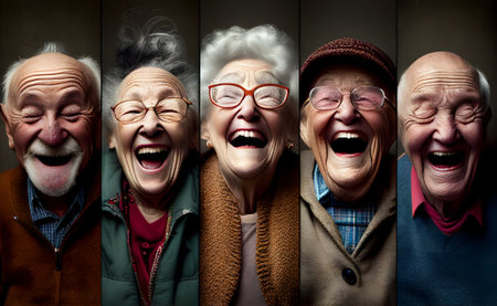 Happy laughing senior men and women. World Laughter Day concept. April Fool's Day celebration. Generative AI content.の素材