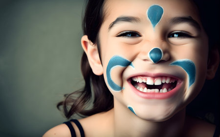 Portrait of a cute little laughing girl with painted face. World Laughter Day concept. April Fool's Day celebration. Generative AI content.の素材