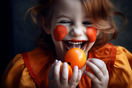 Portrait of a laughing little girl clown with painted face. World Laughter Day concept. April Fool's Day celebration. Generative AI content.の素材