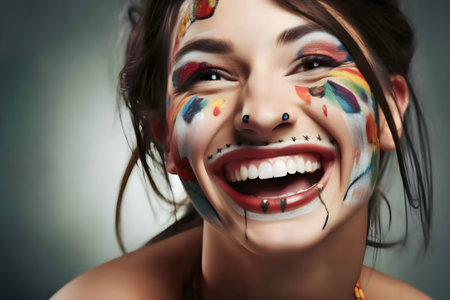 Portrait of a beautiful laughing woman with painted face. World Laughter Day concept. April Fool's Day celebration. Generative AI content.の素材