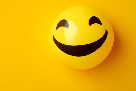 Illustrative laughing emoji on yellow background. World Laughter Day concept. April Fool's Day celebration. Generative AI content.の素材