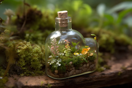 Bottle with garden inside. Fairytale background. Generated AI content.の素材