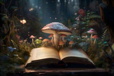 Fairy magical forest with mushrooms, trees and lights pops out of a book. Fairytale background. Generated AI content.の素材
